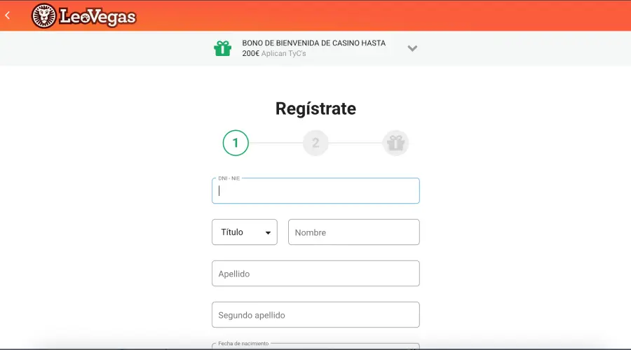 Primer paso de registro en LeoVegas.