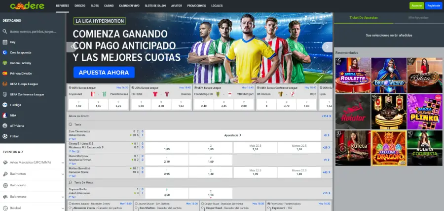 La página principal de Codere destaca las apuestas deportivas.