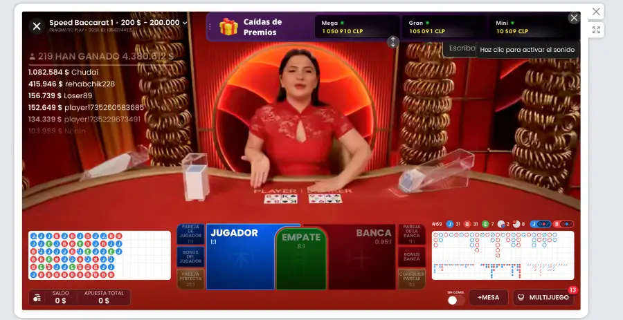 Una mesa de baccarat en el casino en vivo de 20Bet. 