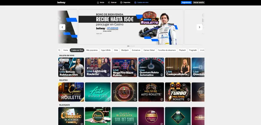 Categoría de casino en vivo de Betway.