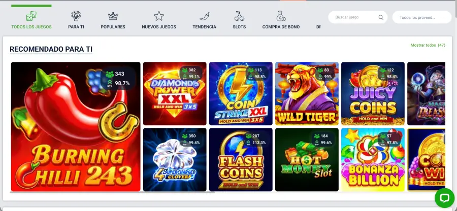 Catálogo de juegos de 20Bet. 