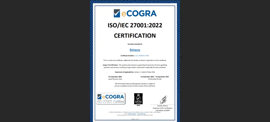Certificado ISO 27001 de Betway emitido por eCOGRA.