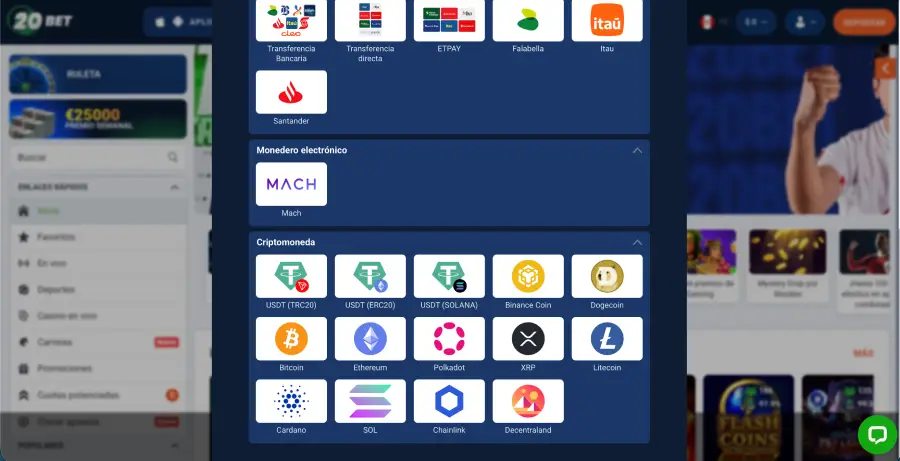 Métodos de depósito cripto en 20Bet. 