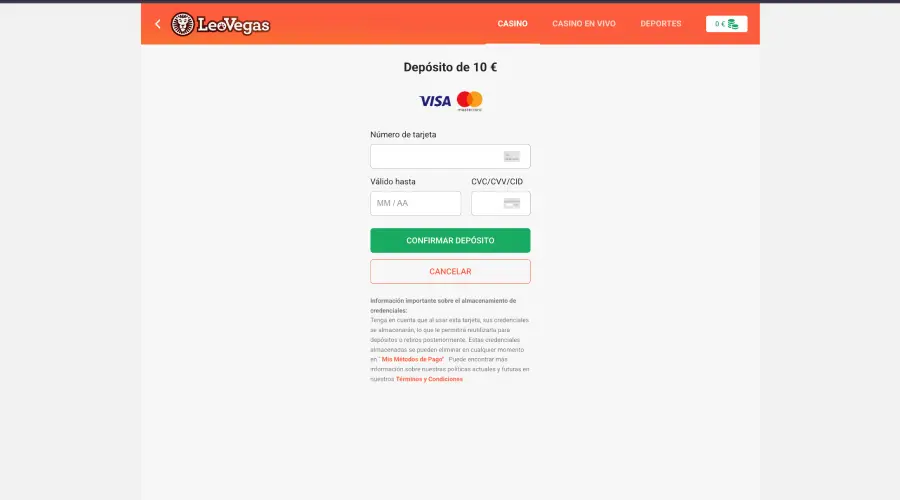 Interfaz de depósitos en LeoVegas.