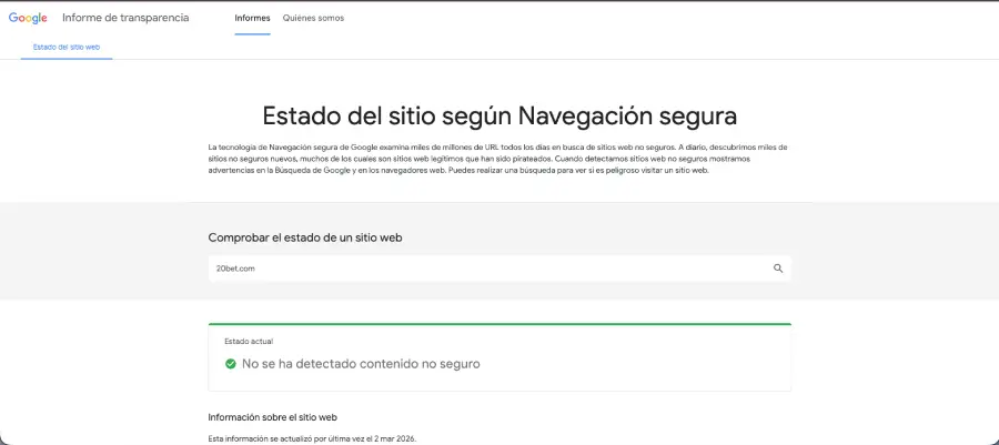 Informe de transparencia de 20Bet. 