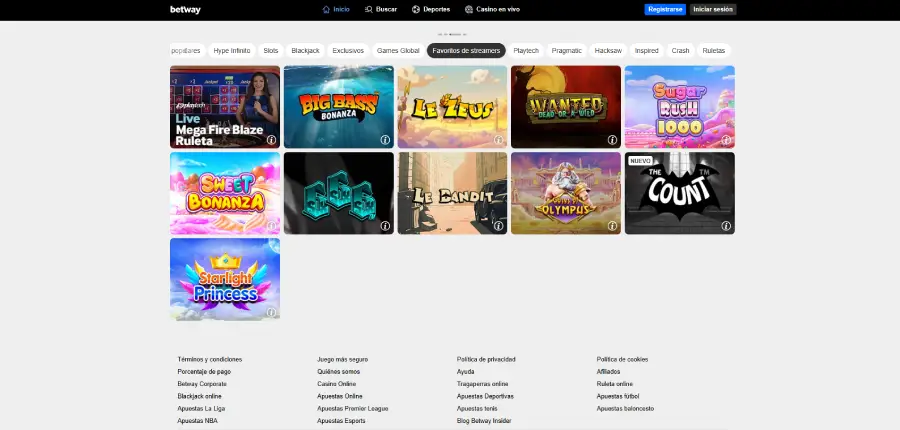 Sección de tragamonedas favoritas de los streamers en Betway.