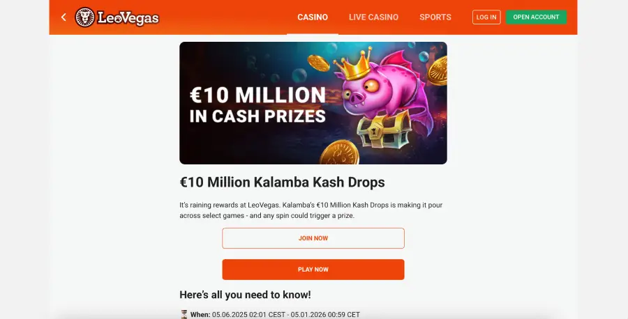 €10 Million Kalamba Kash Drops, la promoción especial de LeoVegas disponible hasta enero de 2026. 