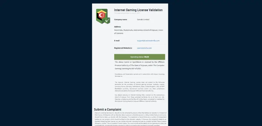 Licencia de operación de Casino Estrella otorgada por Anjouan Gaming.