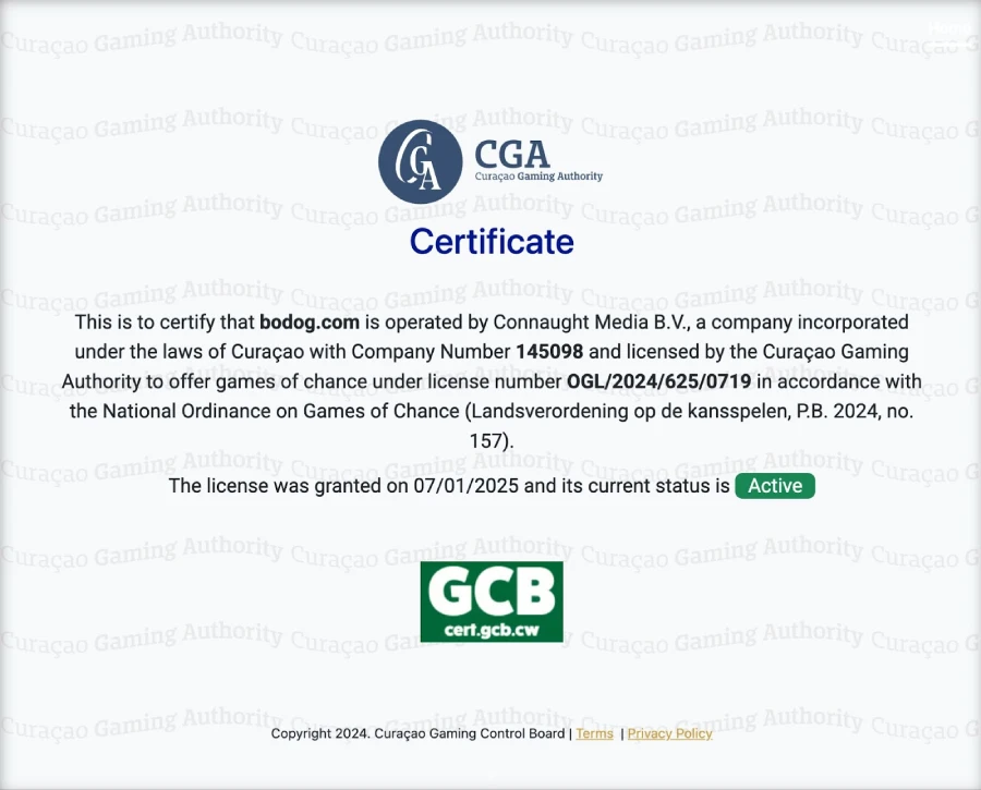Bodog Casino posee un certificado de operación de Curazao.