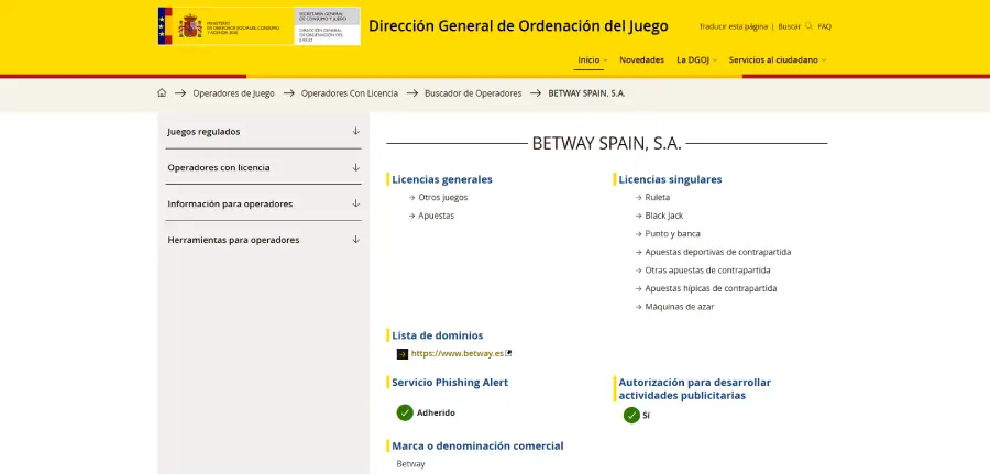 Permiso de operación de Betway en España por la DGOJ.