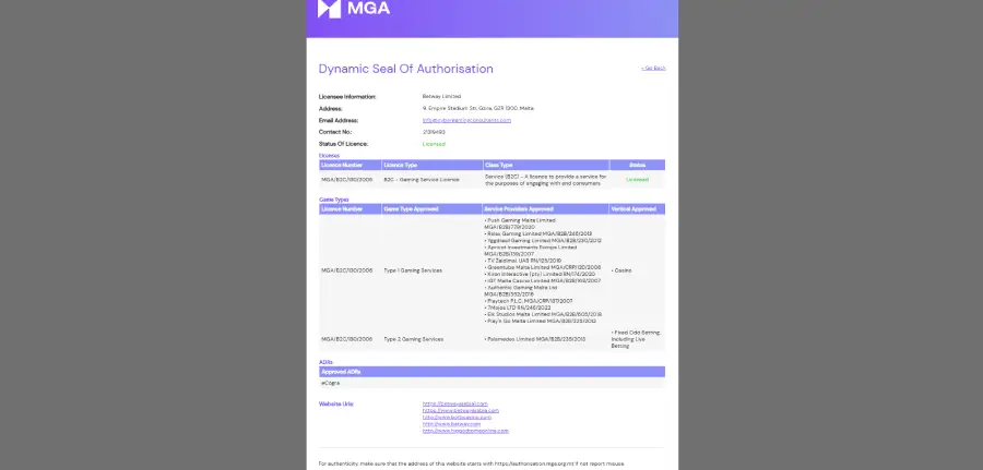 Autorización de Betway Casino por la MGA.