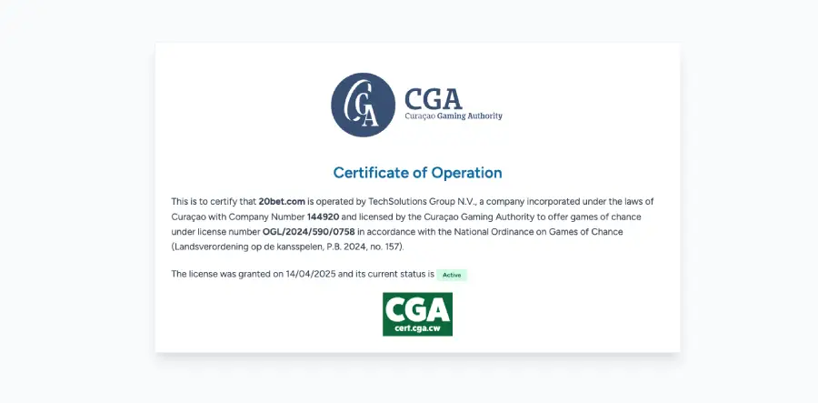 La imagen muestra el permiso de operación de 20Bet Casino.
