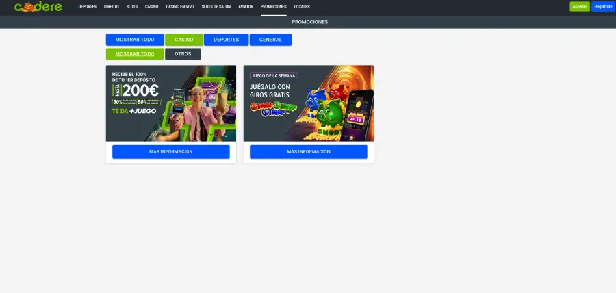 Las promociones de Codere en juegos de casino son escasas.