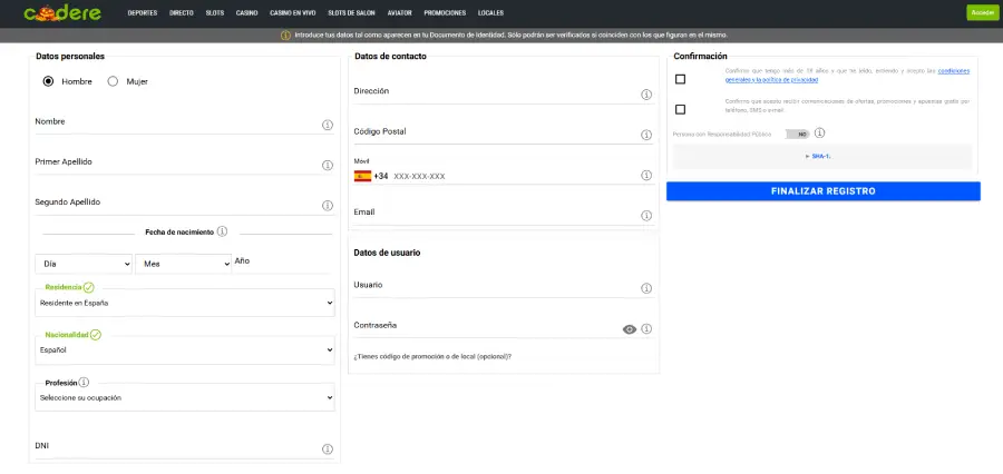 Formulario de registro en Codere Casino.