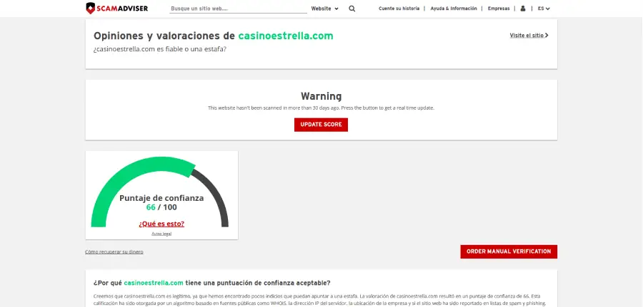 Casino Estrella tiene un puntaje de confianza “aceptable” en ScamAdviser.