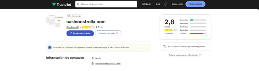 Casino Estrella tiene una reputación media en Trustpilot.