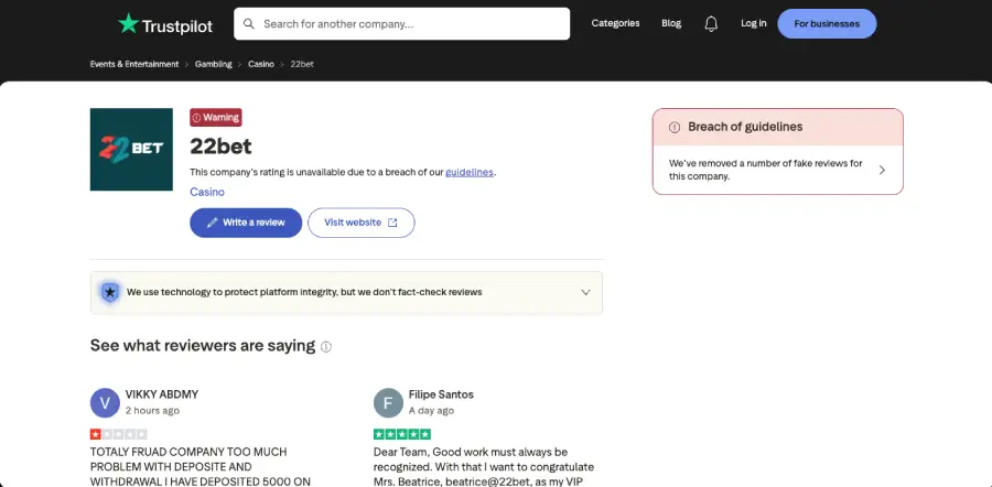 La imagen muestra el perfil de 22Bet Casino en Trustpilot. 