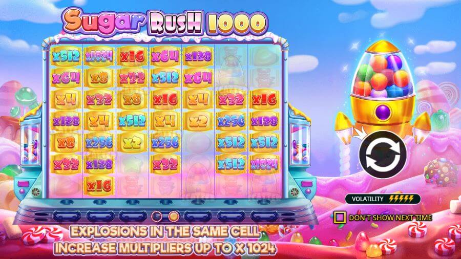 Sugar Rush 1000, un slot de cuadrícula 7x7 con premios en cascada y símbolos azucarados.