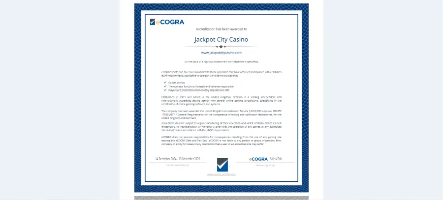 Certificado emitido por eCOGRA. 