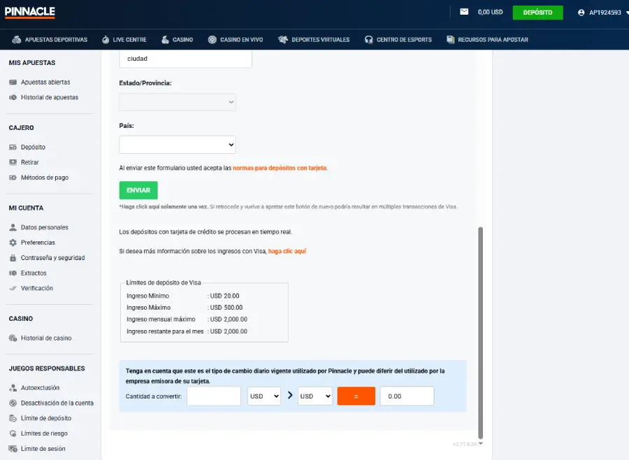 El formulario para hacer depósitos en Pinnacle es intuitivo.