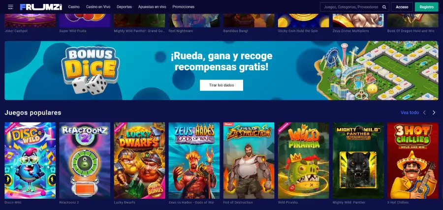 Explora la selección de tragamonedas disponibles en Frumzi