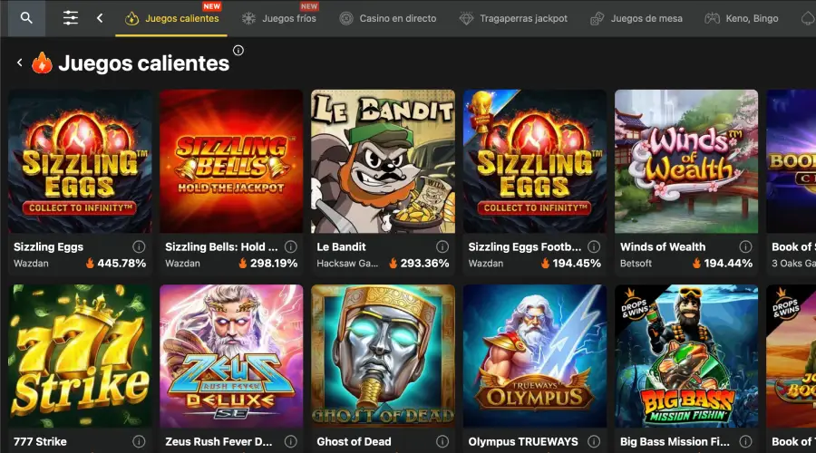 En la imagen se aprecian los "Juegos calientes" con sus respectivos porcentajes.