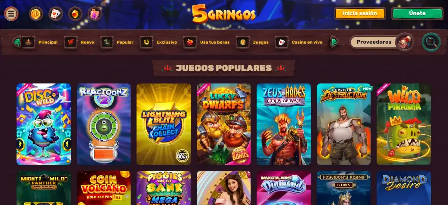 Vista de la selección de juegos de tragamonedas disponibles en 5Gringo