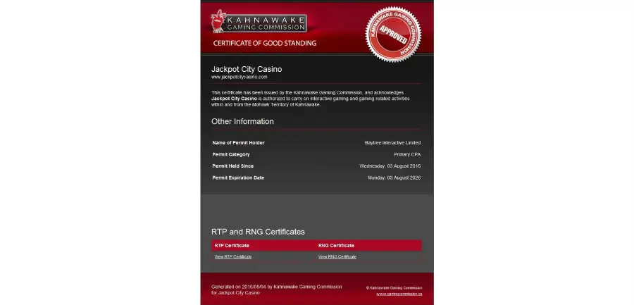 Licencia de Jackpot City Casino emitida por Kahnawake. 