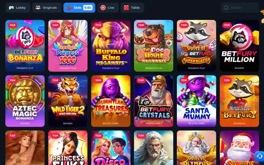 Ejemplo de la cantidad de slots disponibles en el casino Betfury, son casi 10 mil. 