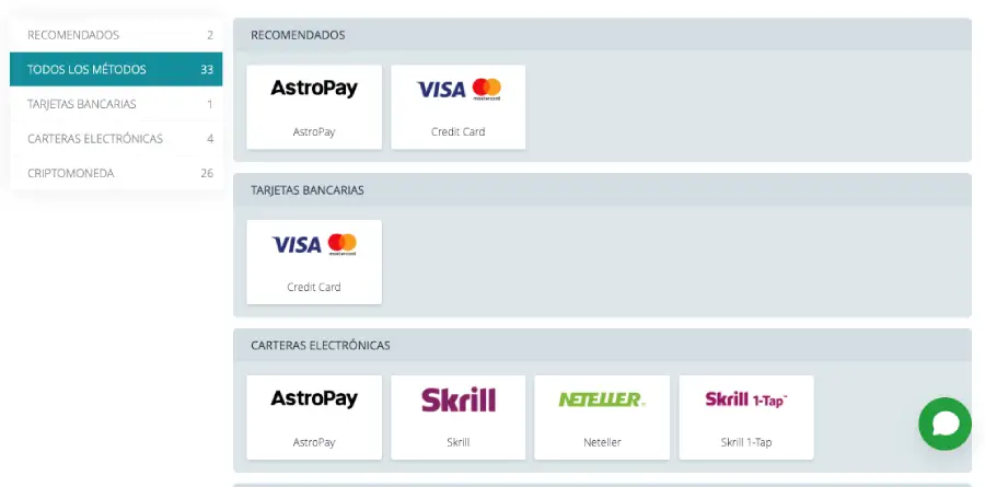 Métodos de pago tradicionales disponibles en 22Bet. 