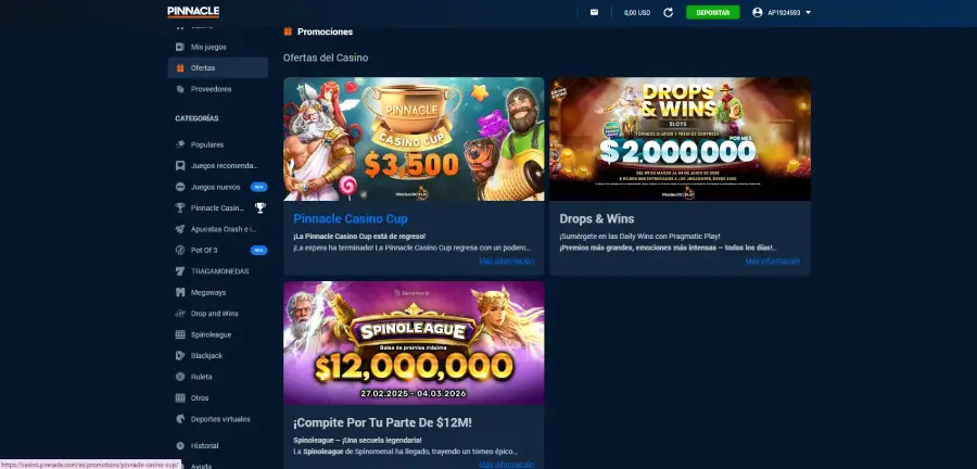 Las promociones de Pinnacle incluyen torneos en variedad de juegos y tragamonedas.