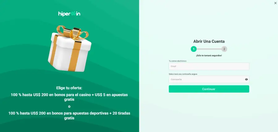 El registro de Hiperwin se completa en dos pasos con tus datos y una confirmación de correo o número de teléfono.