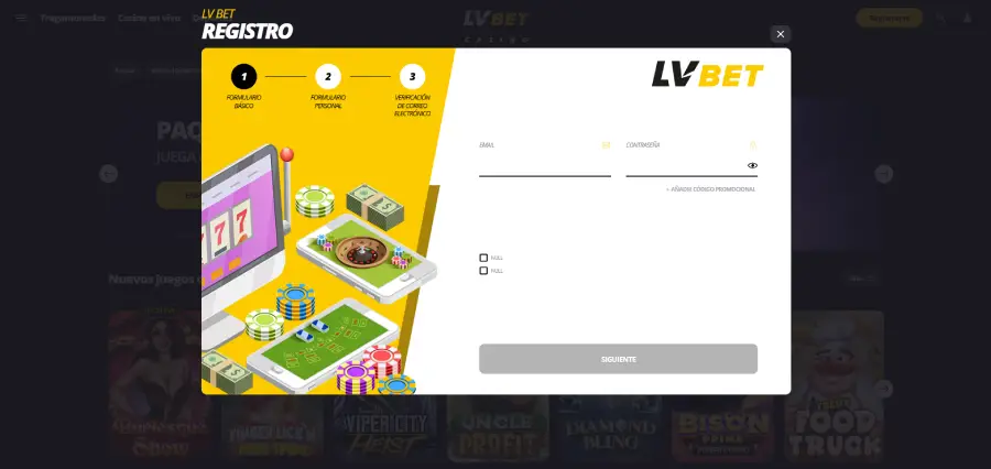 Formulario para crear una cuenta en LVBet por primera vez.