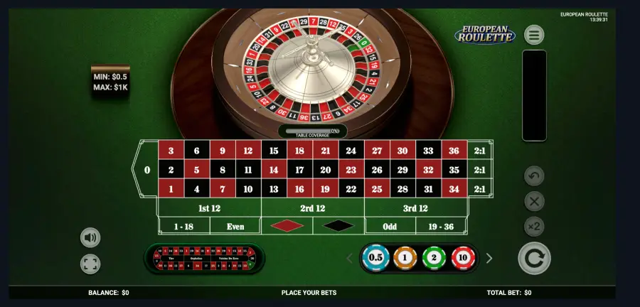 Ejemplo de ruleta europea. 