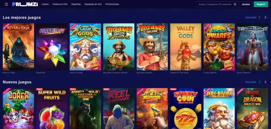 Vista de la selección de juegos de casino y tragamonedas disponibles en Frumzi