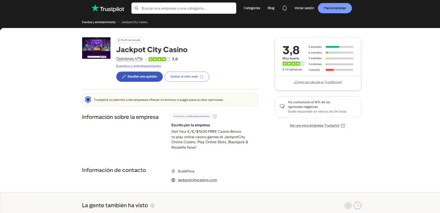 Jackpot City Casino tiene un buen puntaje de confianza en Trustpilot.
