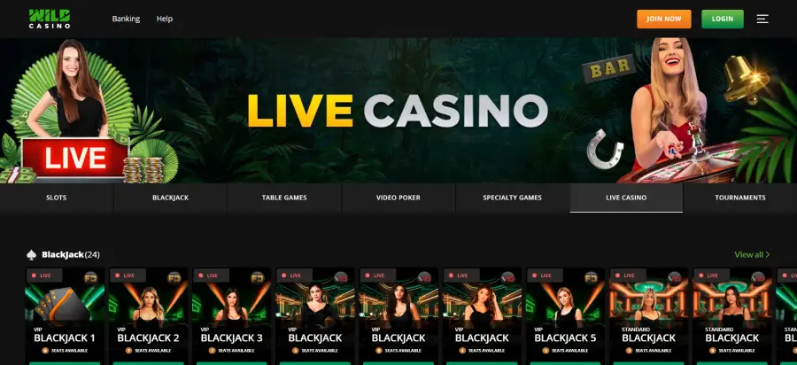 Sección de juegos de casino en vivo de Wild Casino, donde destacan sus mesas de blackjack.