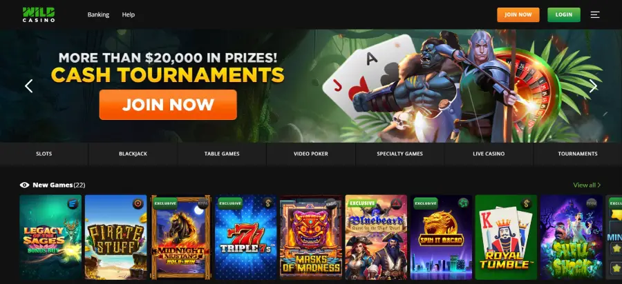 Captura del homepage de Wild Casino, destacando los bonos disponibles y la variedad de juegos de casino.