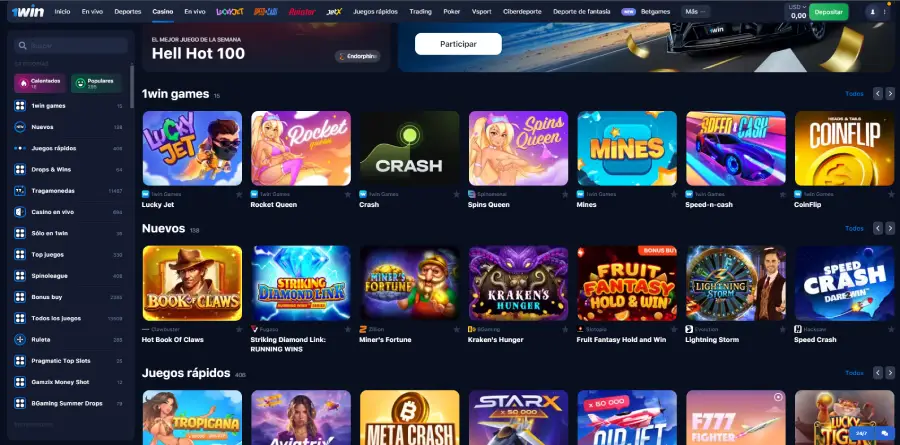 Área de juegos de 1Win Casino. El menú de categorías se encuentra a la izquierda; puedes navegar sus juegos en la parte derecha del sitio.