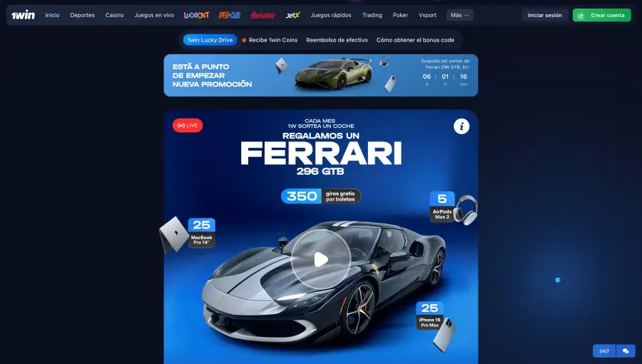 El casino online 1Win rifa un Ferrari.