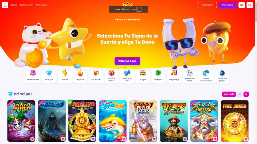 Imagen de la página de incio de 7Signs Casinos donde resalta parte de sus promociones y juegos disponibles