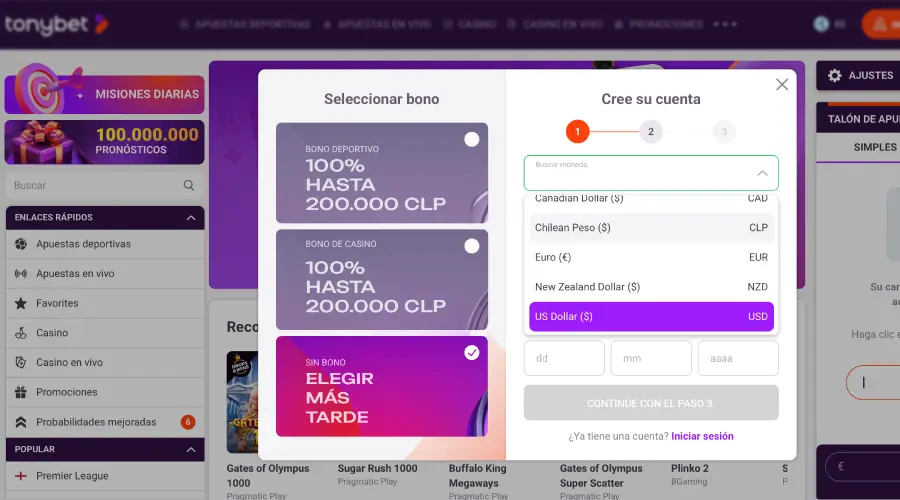 Captura de pantalla donde se ve el primer paso para abrir una cuenta en Tonybet Casino.