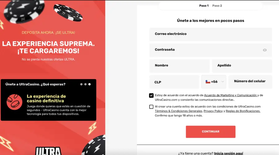 Primer paso para abrir una cuenta en Ultra Casino.