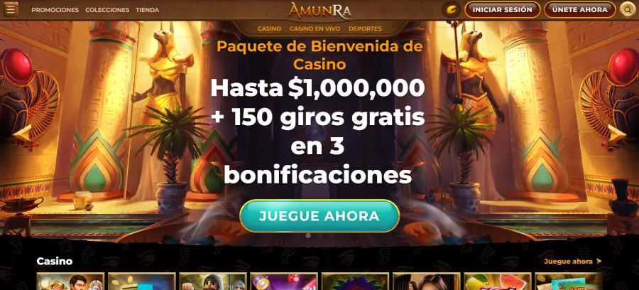 Captura de la página de inicio de AmunRa Casino, donde se aprecia un bono de bienvenida en 3 depósitos