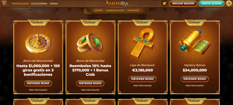 Promociones disponibles en la sección de bonos en AmunRa Casino, donde destacan diferentes promociones