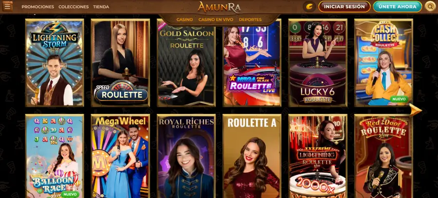 Sección de juegos de casino en en vivo en AmunRa, donde se aprecian diferentes mesas de blackjack, ruleta en vivo