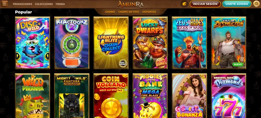 Sección de juegos de casino en AmunRa, donde se aprecian diferentes juegos de casino disponibles en su plataforma