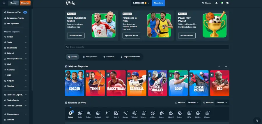 Sección de apuestas deportivas en el casino Stake.