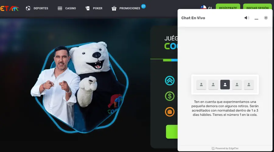 El chat en vivo de atención al cliente de Coolbet donde se ve la lista de espera.