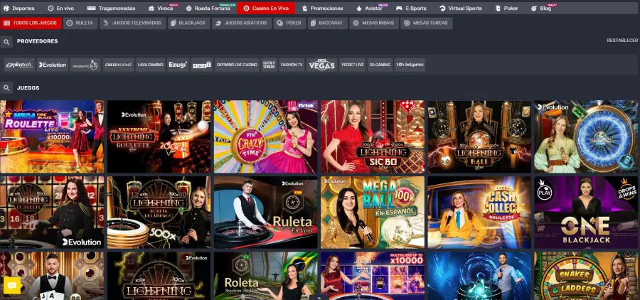 Juegos de casino en vivo que ofrece Betsala. El sitio cuenta con más de 10 proveedores.